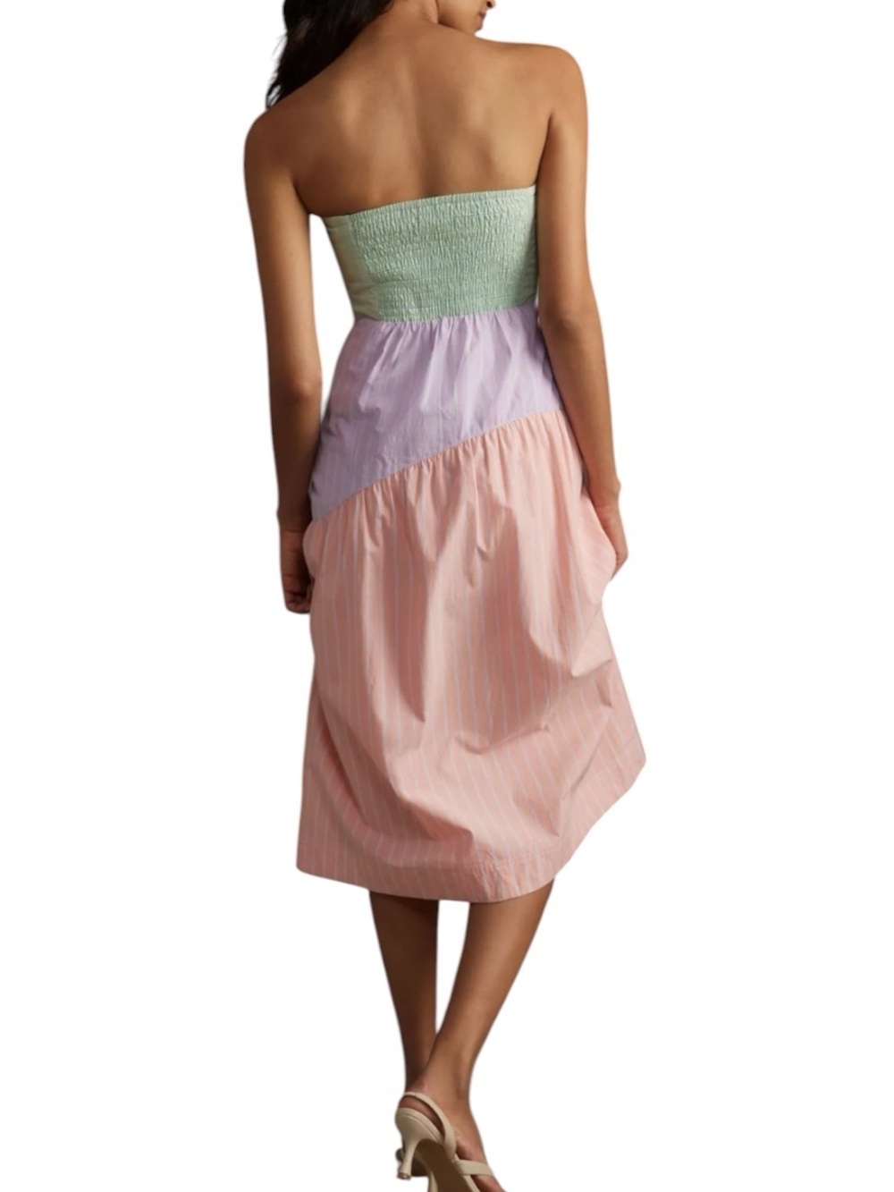 Maeve Strapless Colorblock Pinstripe Midi Dress small pink purple green - Picture 2 of 10